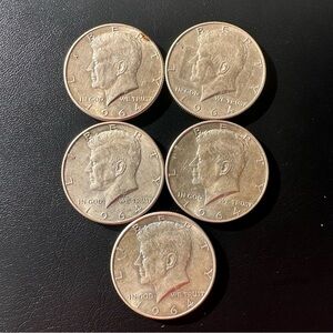 Lot of 5 Vintage 1964 Kennedy Half Dollars – 90% Silver – Circulated